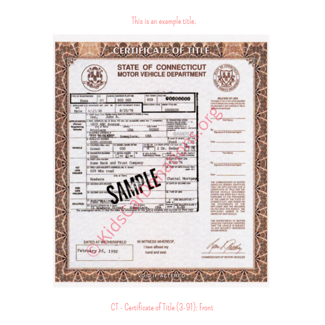 This is an Example of Connecticut Certificate of Title (3-91) Front View | Kids Car Donations